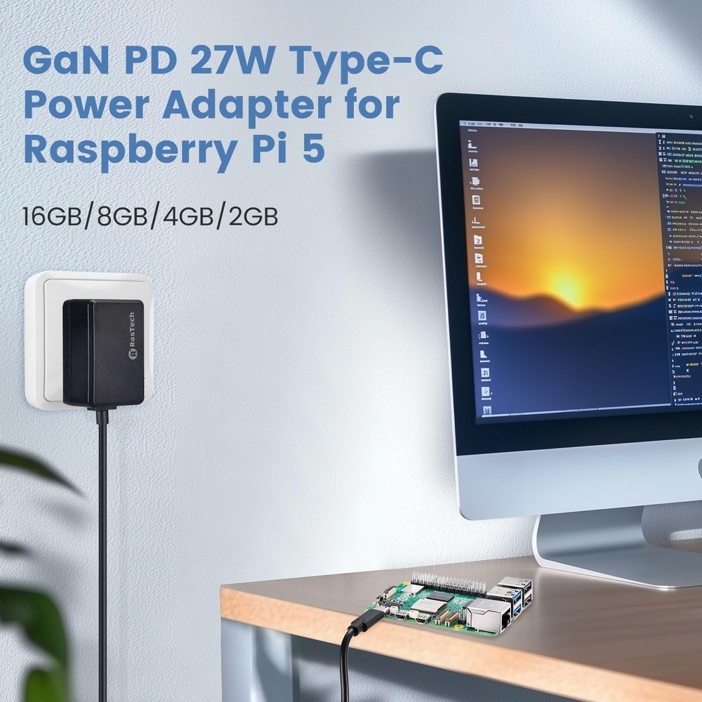 RasTech for Raspberry Pi 5 GaN PD 27W Power Supply 5, Black