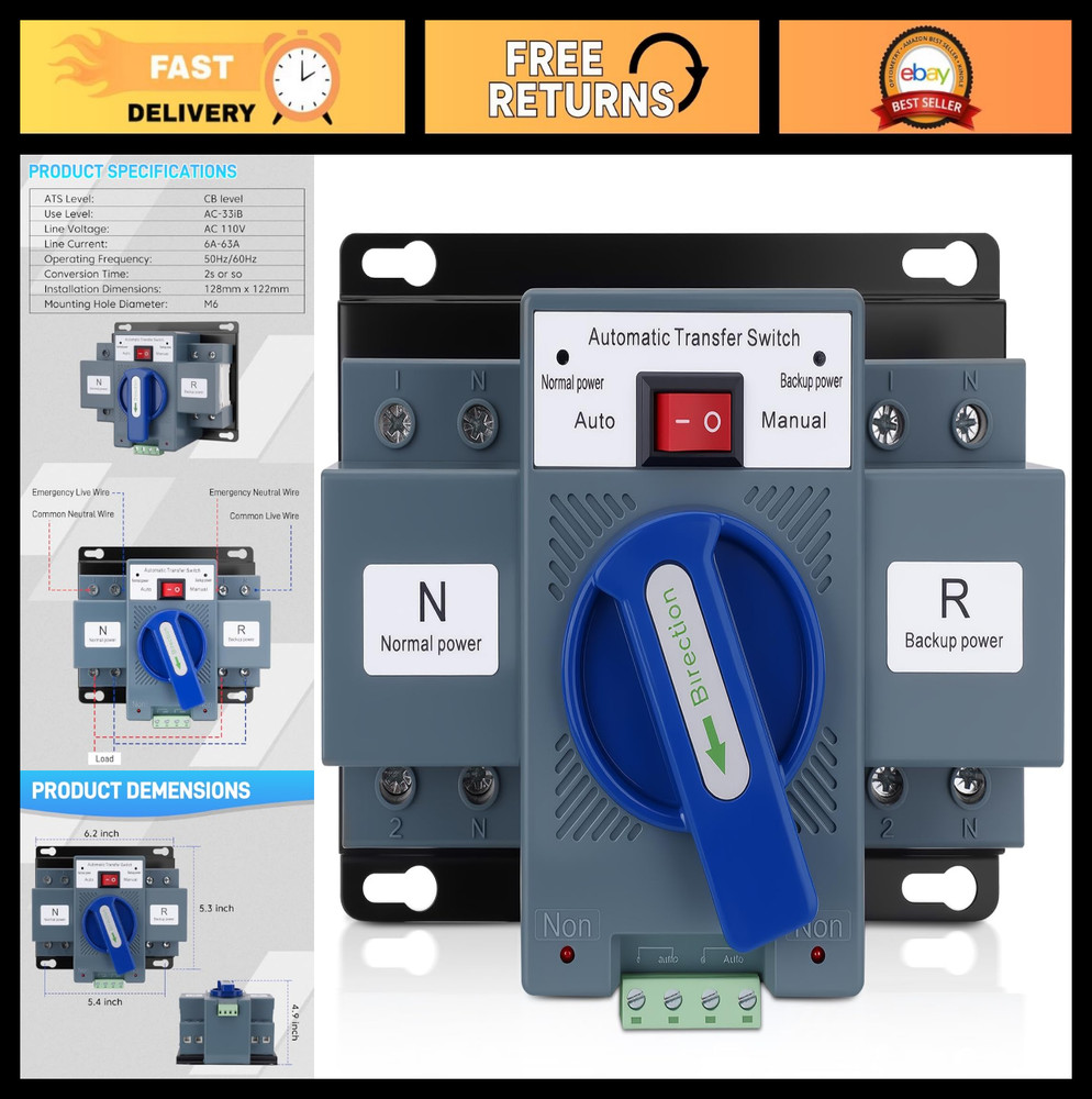 Dual Power Automatic Transfer Switch 110V 63A, ATS Generator Changeover, Manual/