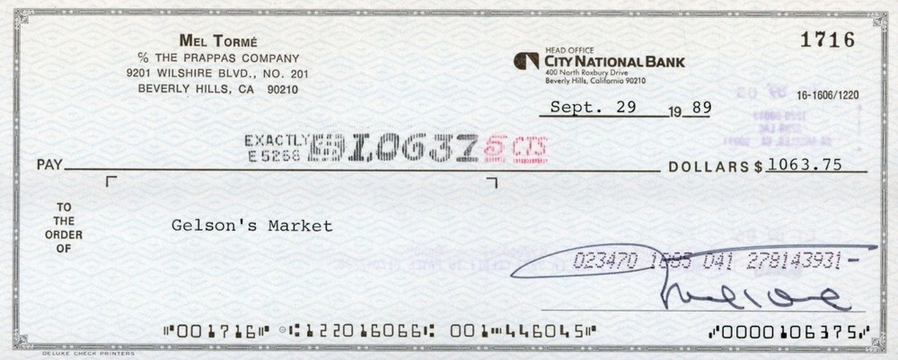 Mel Torme- Signed Bank Check