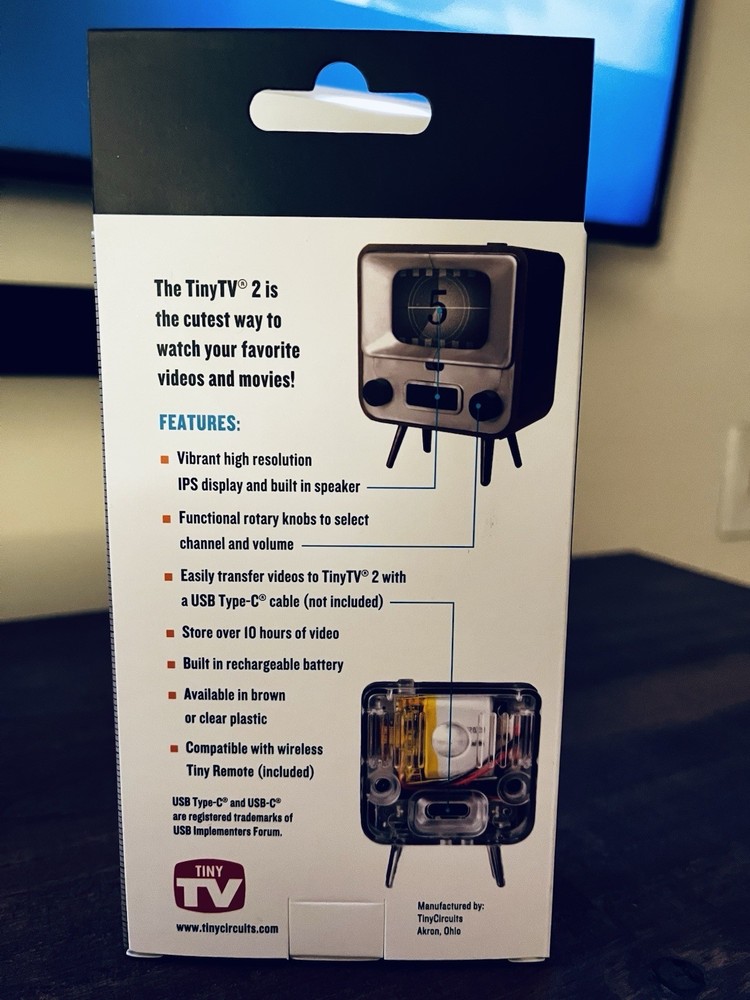 TinyCircuits TinyTV 2 With Tiny Remote, Brown, Hold Up To 10 Hours Of Video