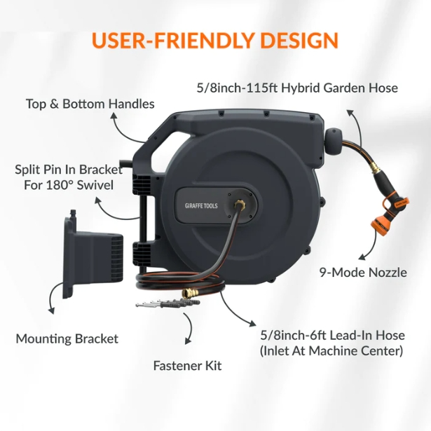 Giraffe Tools Retractable Garden Hose Reel Wall Mount 5/8-IN 115-FT with Nozzle