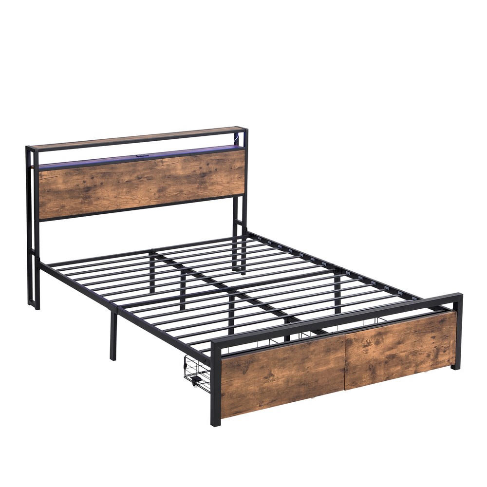 Queen Size Bed Frame with Storage Headboard & 2 Drawer Metal Platform Bed