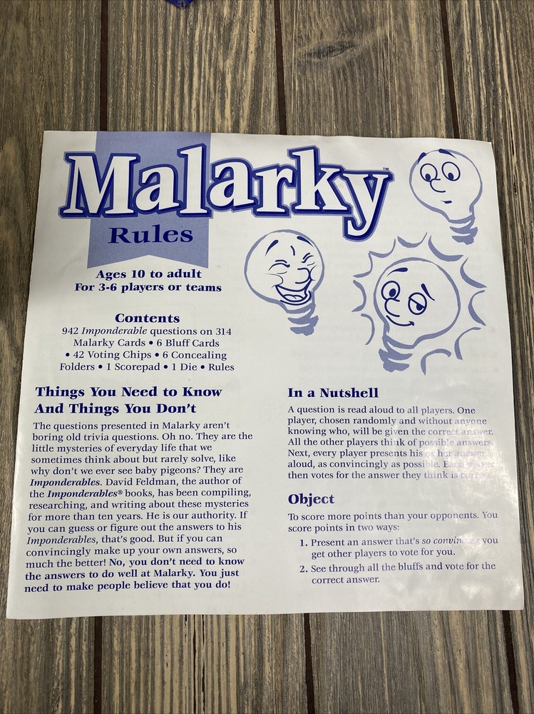 Patch Malarky Game Replacement Piece Part 1998 Instruction Manual