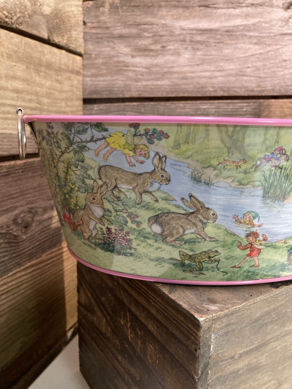 VTG Metal Easter Tin W/ Handles By Schylling 1996 Fairies Flowers