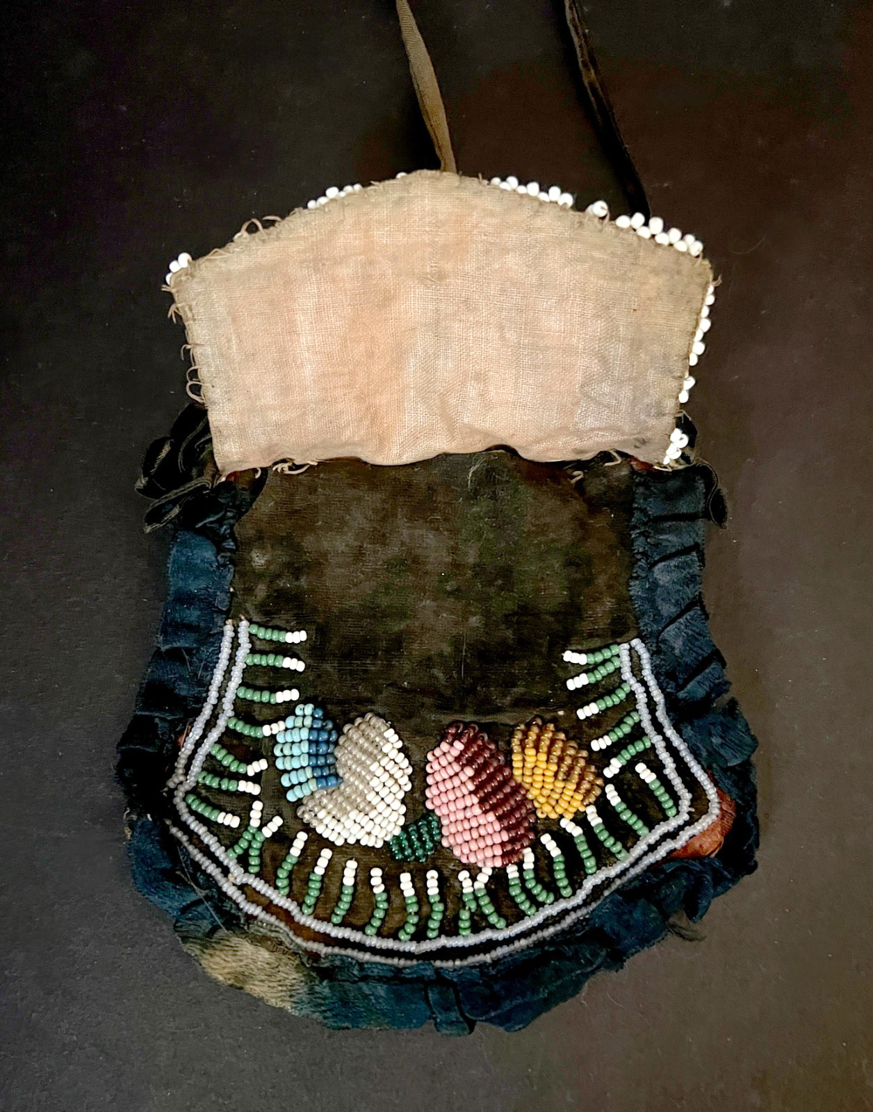 IROQUOIS BEADED CLOTH PURSE 1800s Native American Hand Bag Hand-Made Antique