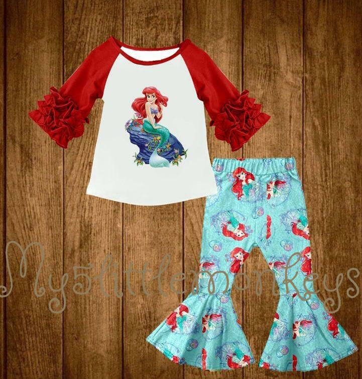 NEW Ariel Little Mermaid Ruffle Sleeve Shirt & Bell Pants Boutique Outfit Set