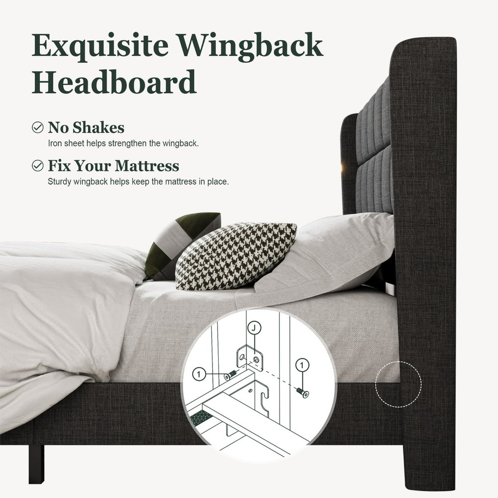 King Sized Platform Bed with Wingback Headboard. Square Stitched Style,Dark Grey