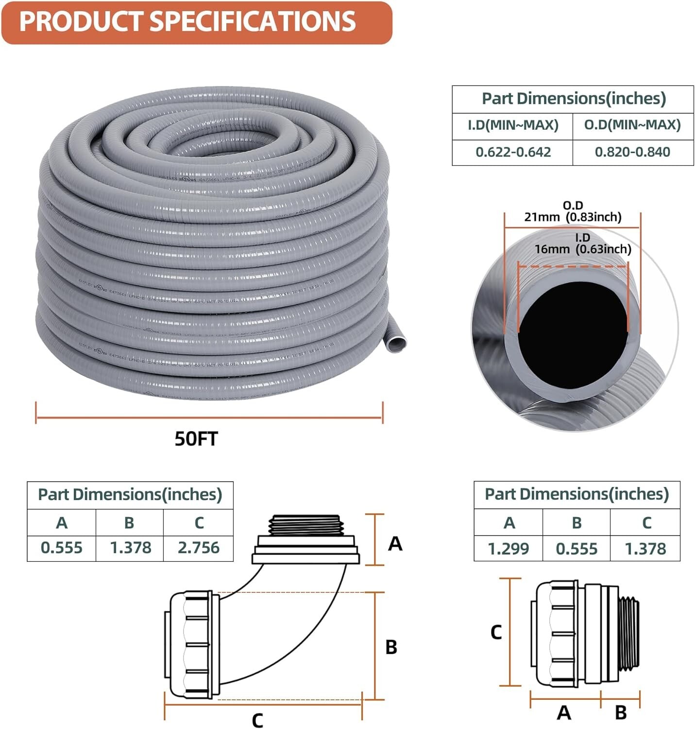 1/2" 50ft Electrical Conduit Kit - Flexible Non-Metallic Liquid-Tight Conduit