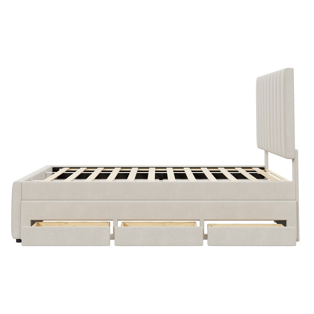 Full Size Bed Frame Upholstered Platform Bed w/ Pull Out Trundle & 3 Drawers