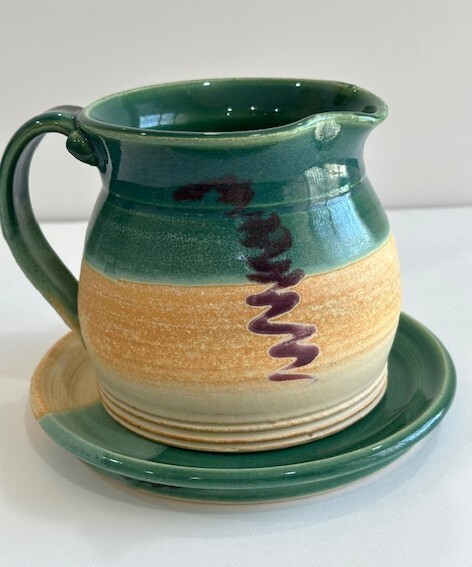 vintage handmade studio pottery PITCHER with PLATE SIGNED