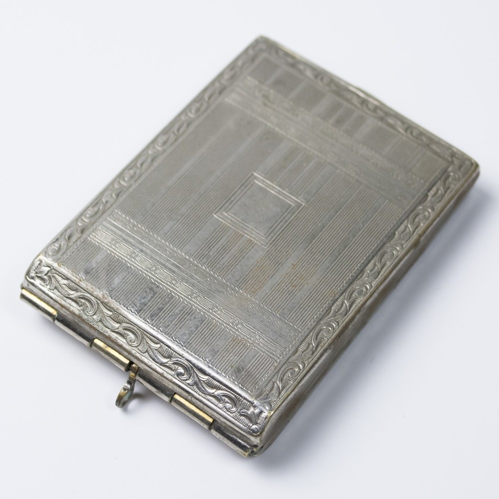 Vintage Silver Plated Ladies Hinged Fob Case 2.25" Etched Pinstripe Compact