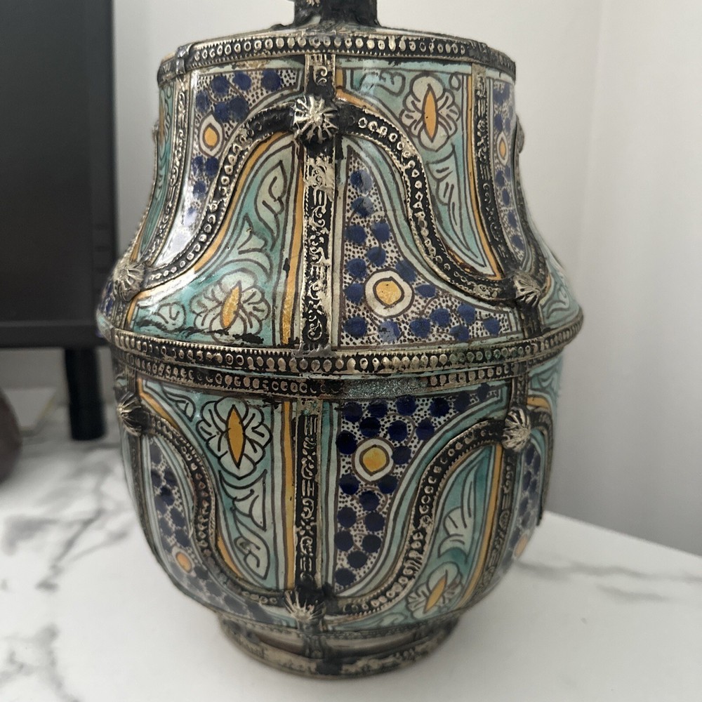 Antique Moroccan Jar With Silver Trim
