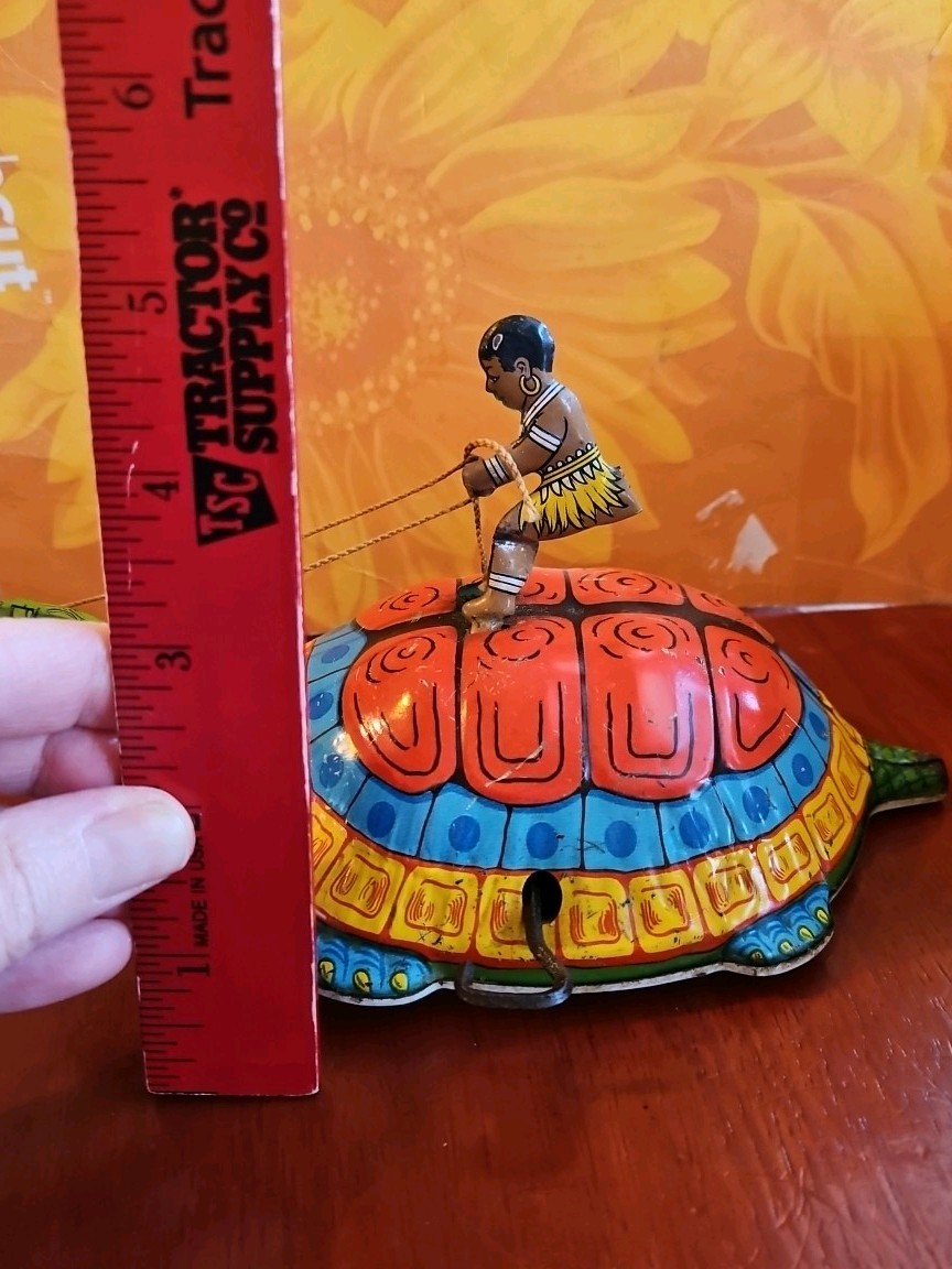 Vintage Antique Tin Toy Wind Up Chein Person Rides Giant Turtle Tortoise Display