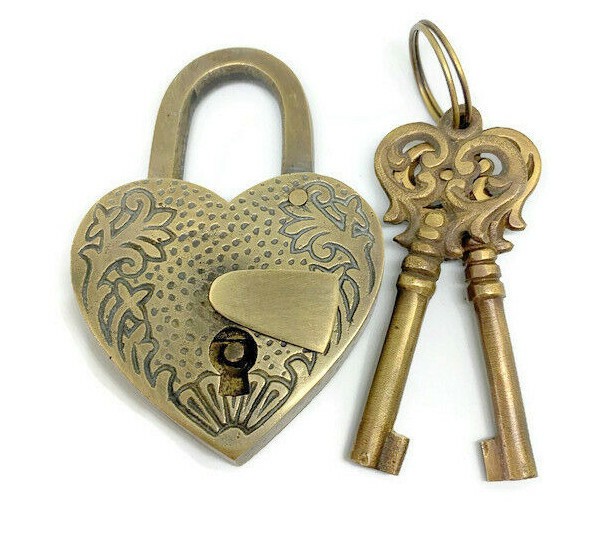 2 Solid Brass Love Heart Padlocks – Heavy Antique Style Locks with 4 Working Key