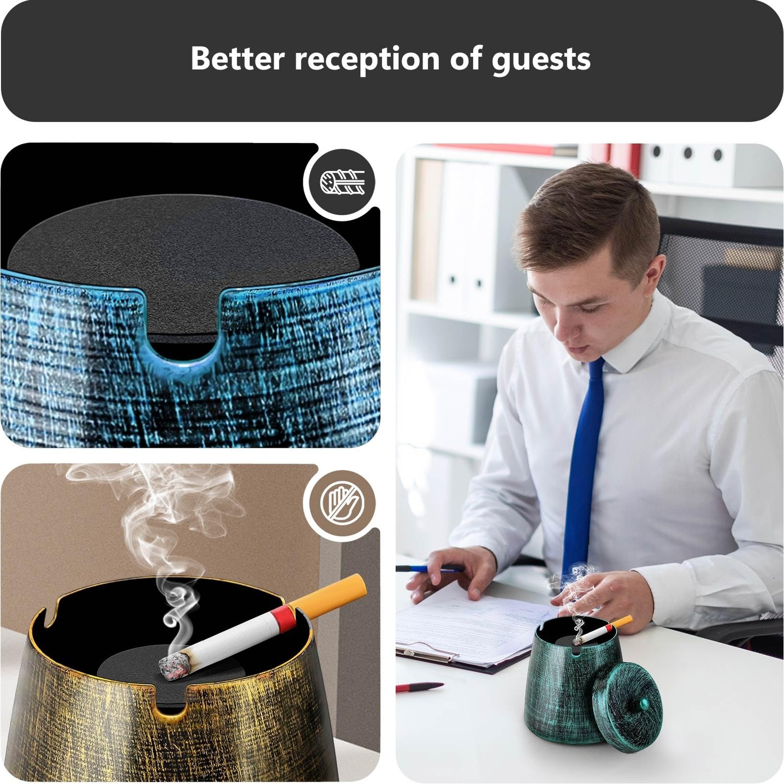 Ashtray with Lid, Windproof Smokeless Odorless Metal Tabletop Ash Tray fo