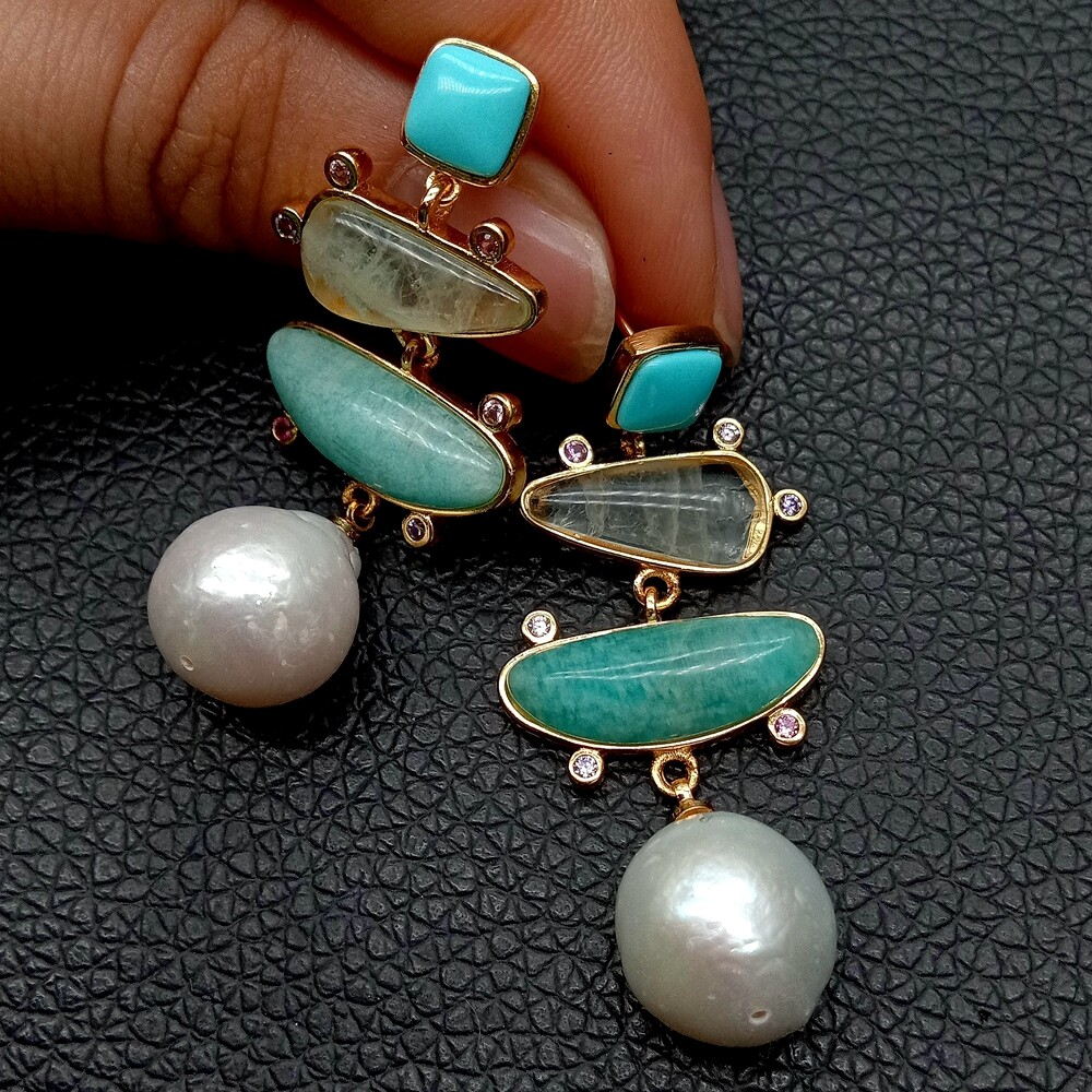 Freshwater White Pearl Blue Turquoise Green Amazonite Dangle Stud Earrings