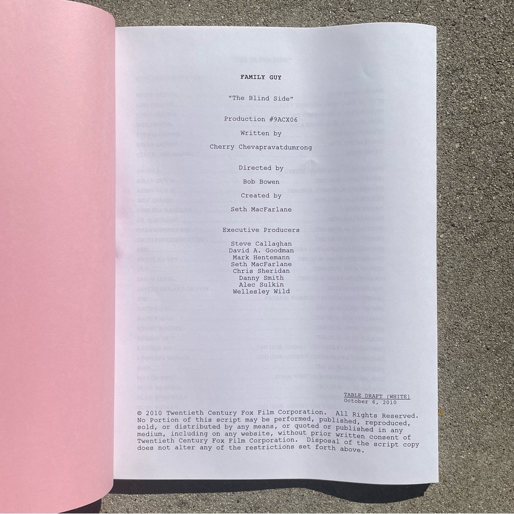 Family Guy 2011 Production Used Table Draft Script The Blind Side Marlee Matlin