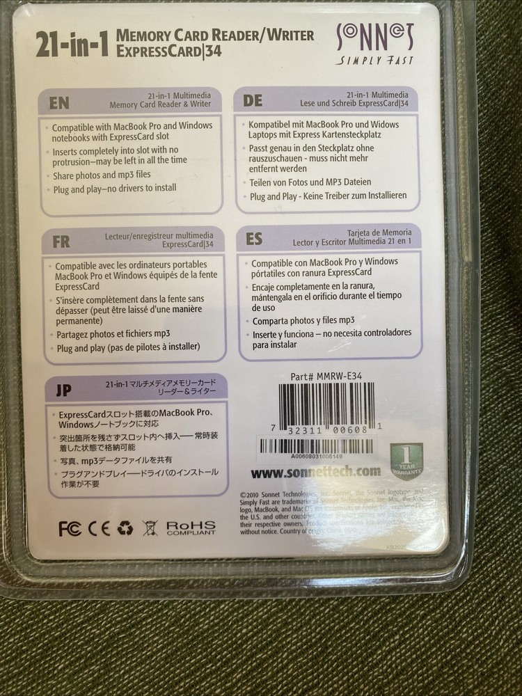 Sonnet Tech Memory Card Reader/Writer Express card/34 21 In 1 Functions MmRW-E34