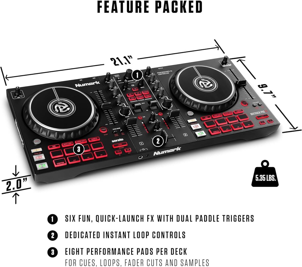 Numark Mixtrack Pro FX – 2 Deck DJ Controller For Serato DJ with DJ Mixer,