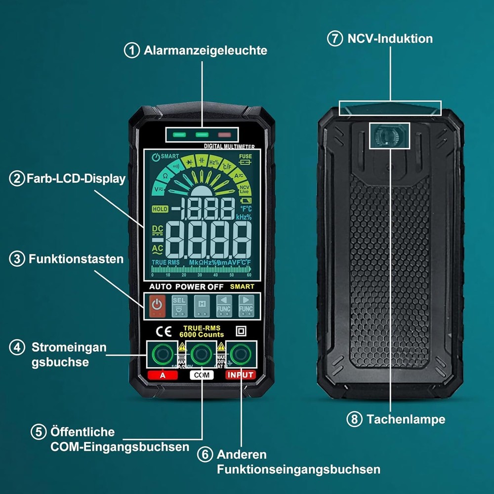 6000 Counts Smart Digital Multimeter TRMS Auto Range LCD Colour Display