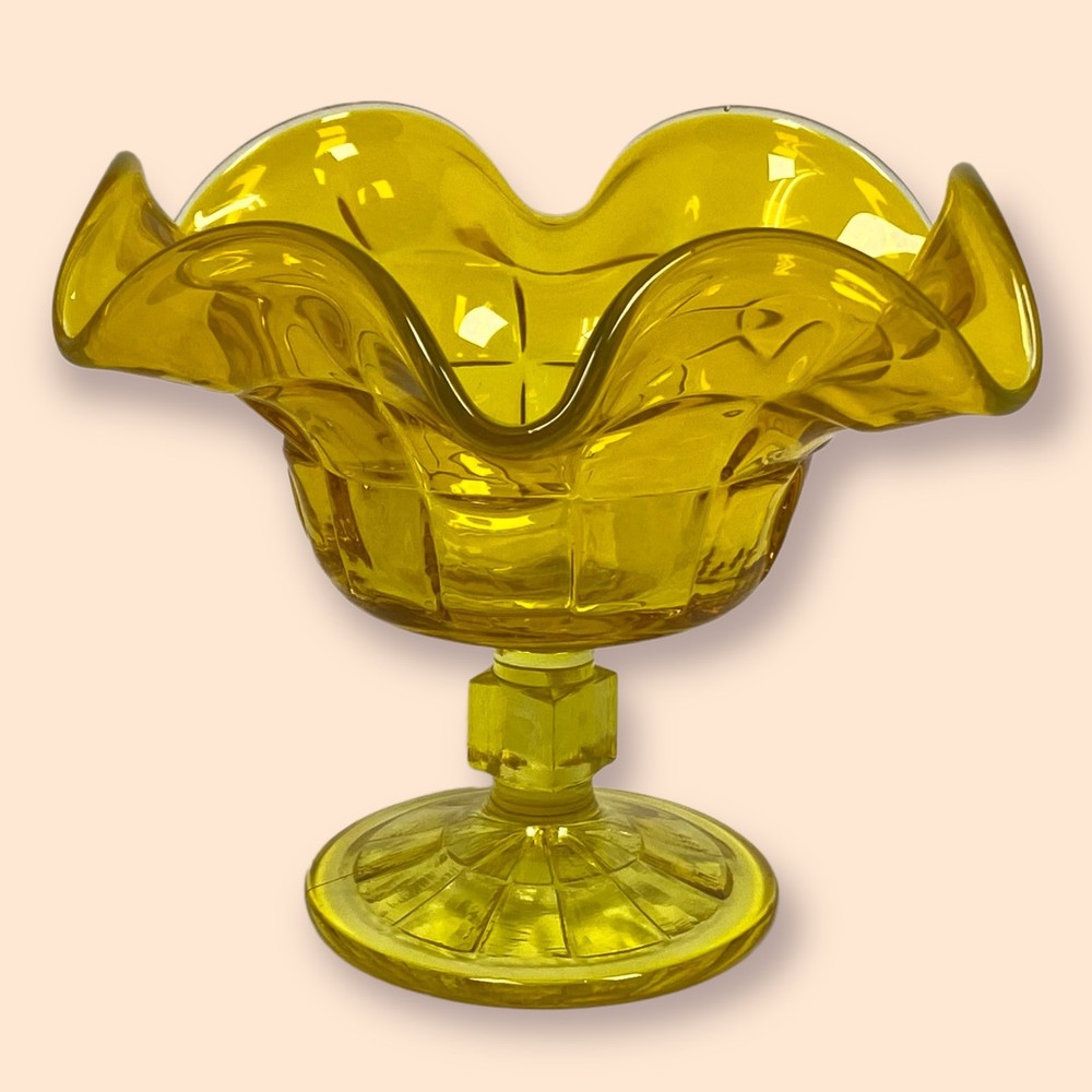 Vintage Amber Ruffled Edge Compote Footed Candy Dish