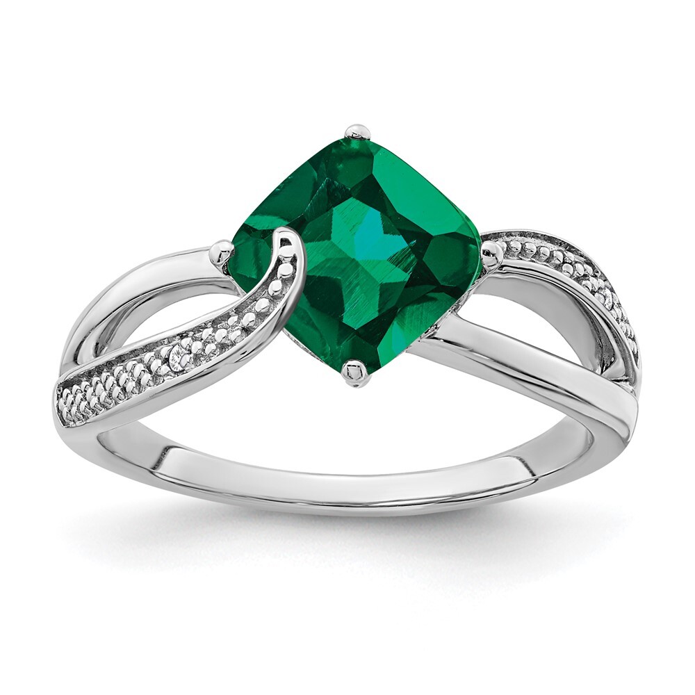 Sterling Silver Rhodium-plated Created Emerald and Diamond Ring Size 6