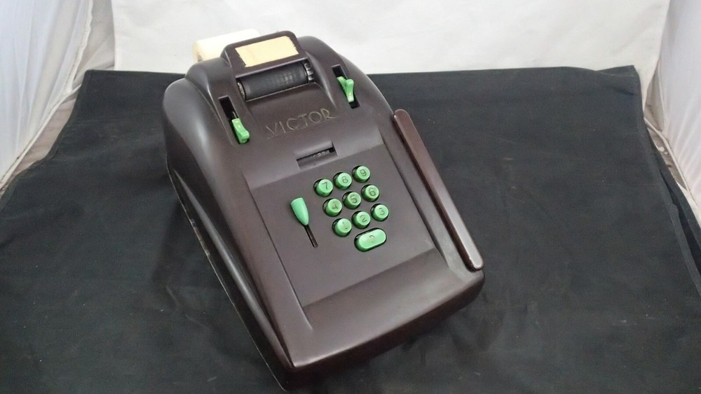 Vintage Antique Victor Electric Adding Machine Brown Bakelite W/Green Buttons
