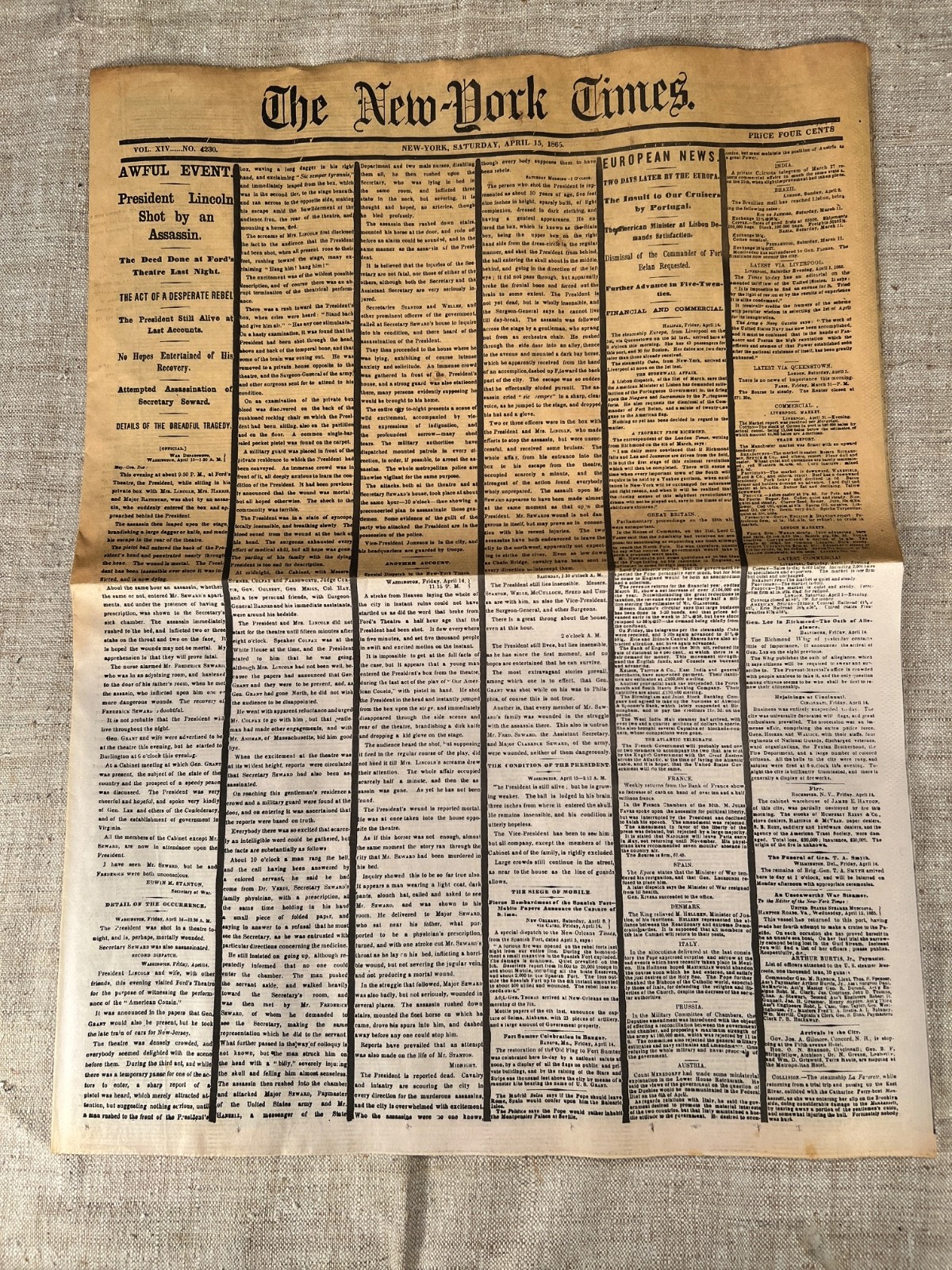 Lot of 5 NEW YORK TIMES 1861-1865 Major events in Civil War, Reprod. of original