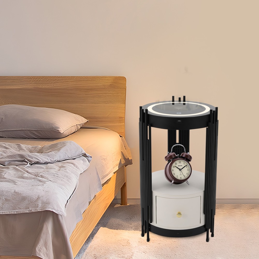 LED Bed Side Table Smart Nightstand w/ Wireless Charging Station Side/End Table