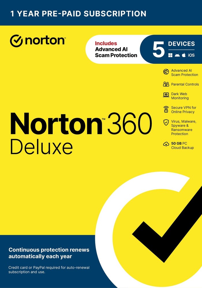 Norton 360 Deluxe 5 Device Security VPN Cloud Backup AI Scam Protection