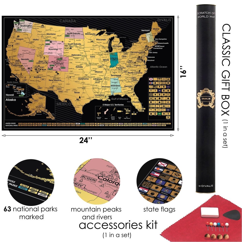 2 in 1 Gift Set - Scratch Off World Map and US Scratch off Map - Easy to Fram...