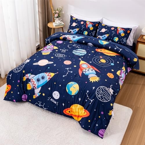 Space Comforter Twin Set Kids Rocket Bedding Set Super Soft & Full(5Pcs) Navy