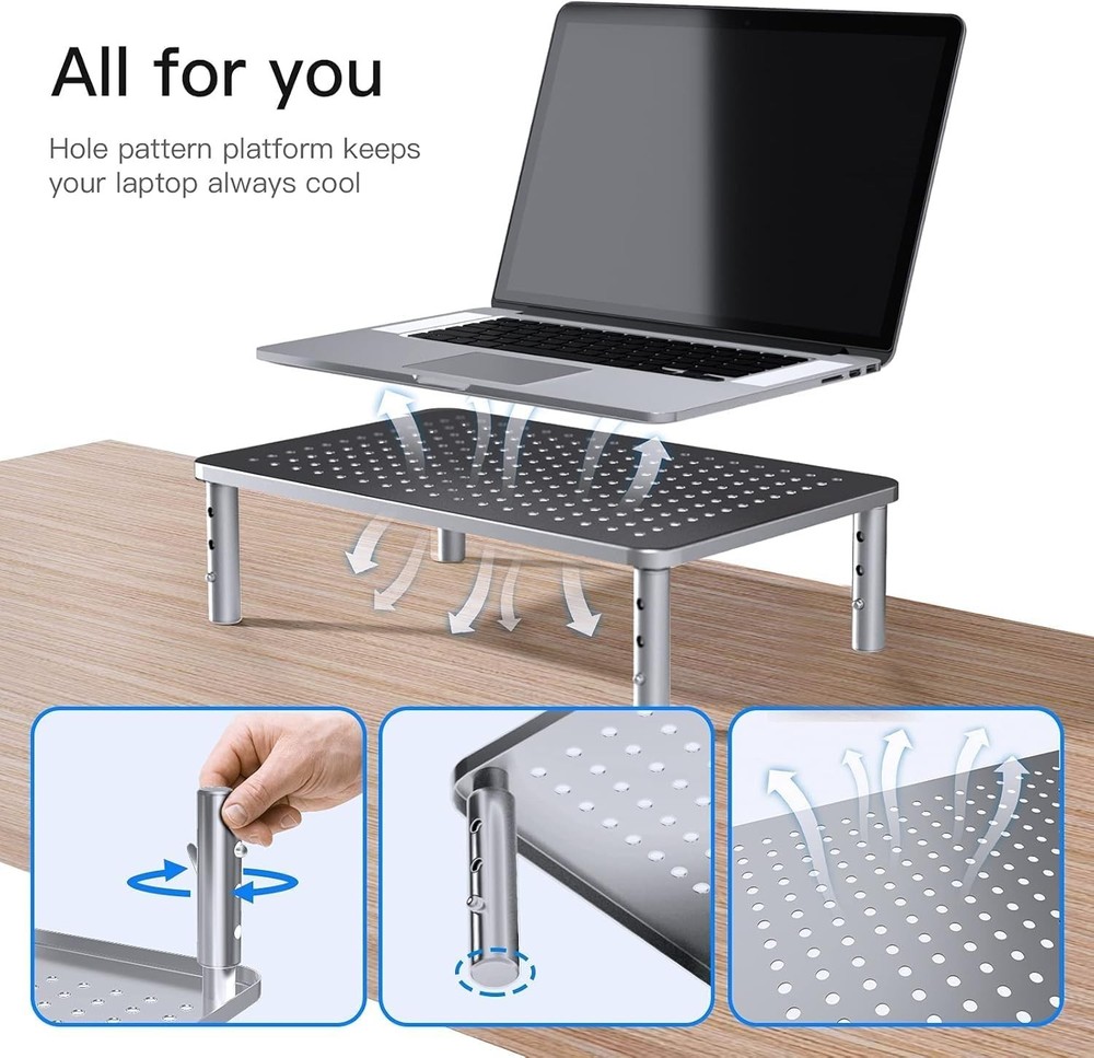 Monitor Riser Metal Adjustable Stand for Laptop PC Printer Ergonomic Silver