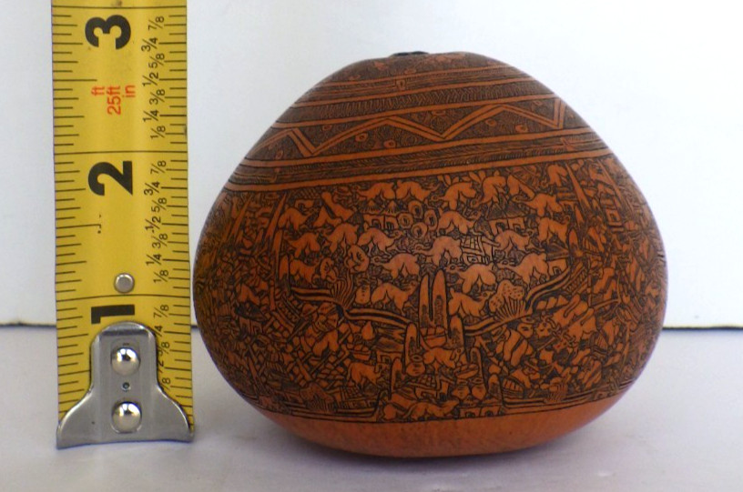 VTG Folk Art Peruvian Handcrafted Carved Gourd Intricate Detailed Story Telling