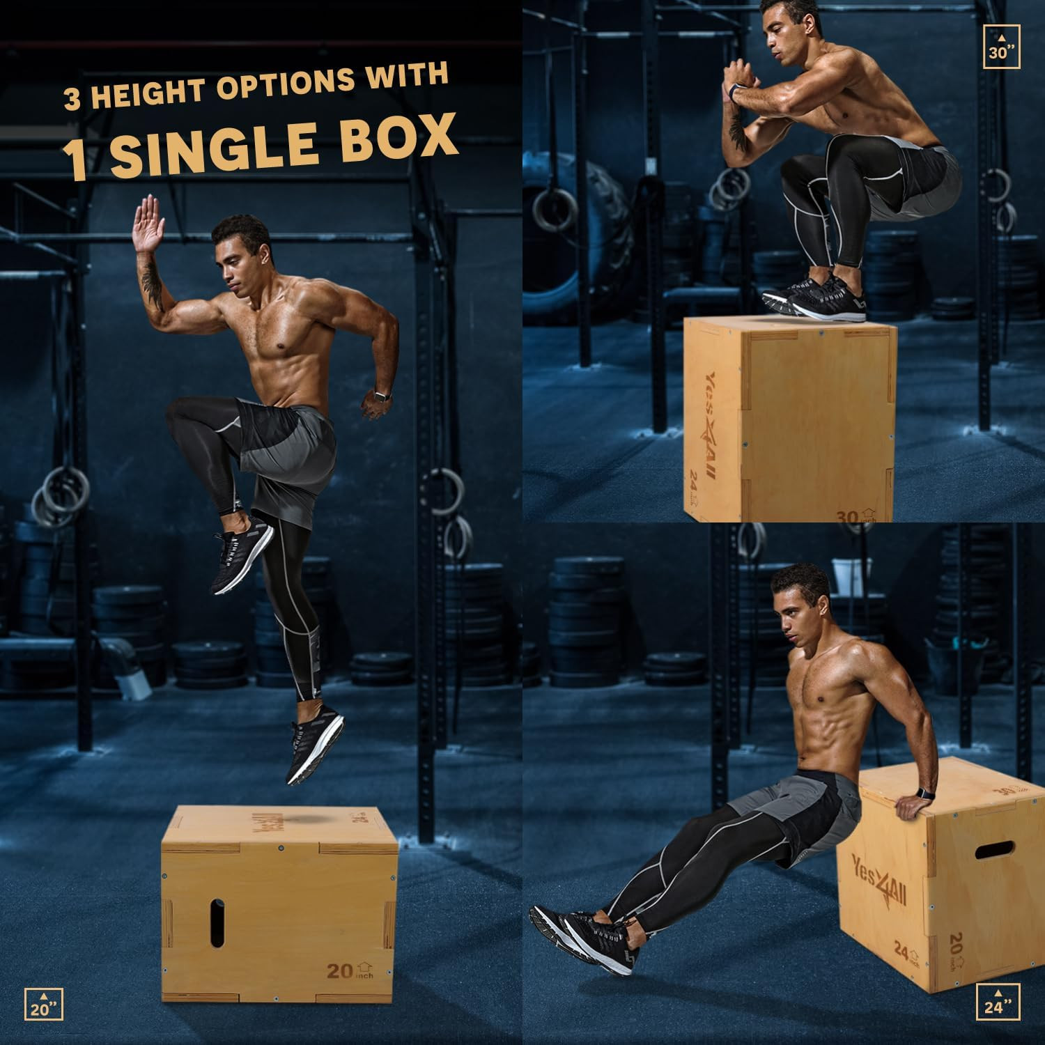 Plyo Box, 3-In-1 Wooden Box Jumps for Home Gym, 450 Lbs Boxes Step up with Smoot