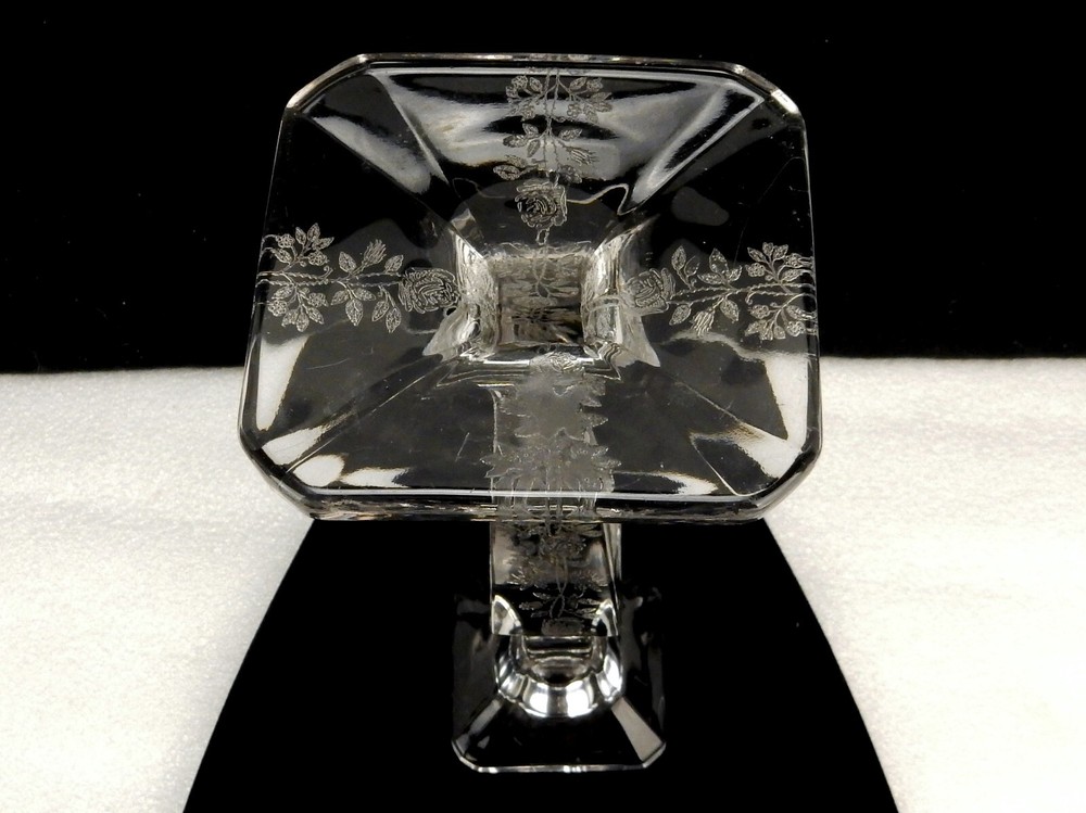 Vintage Etched Glass Square Candlestick, Tapered Column, Rose Pattern