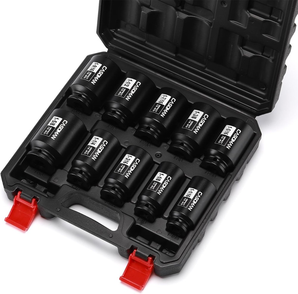 10PCS 1/2" Drive Deep Spindle Axle Nut Impact Socket Set,6-Point,Large,SAE CR-MO