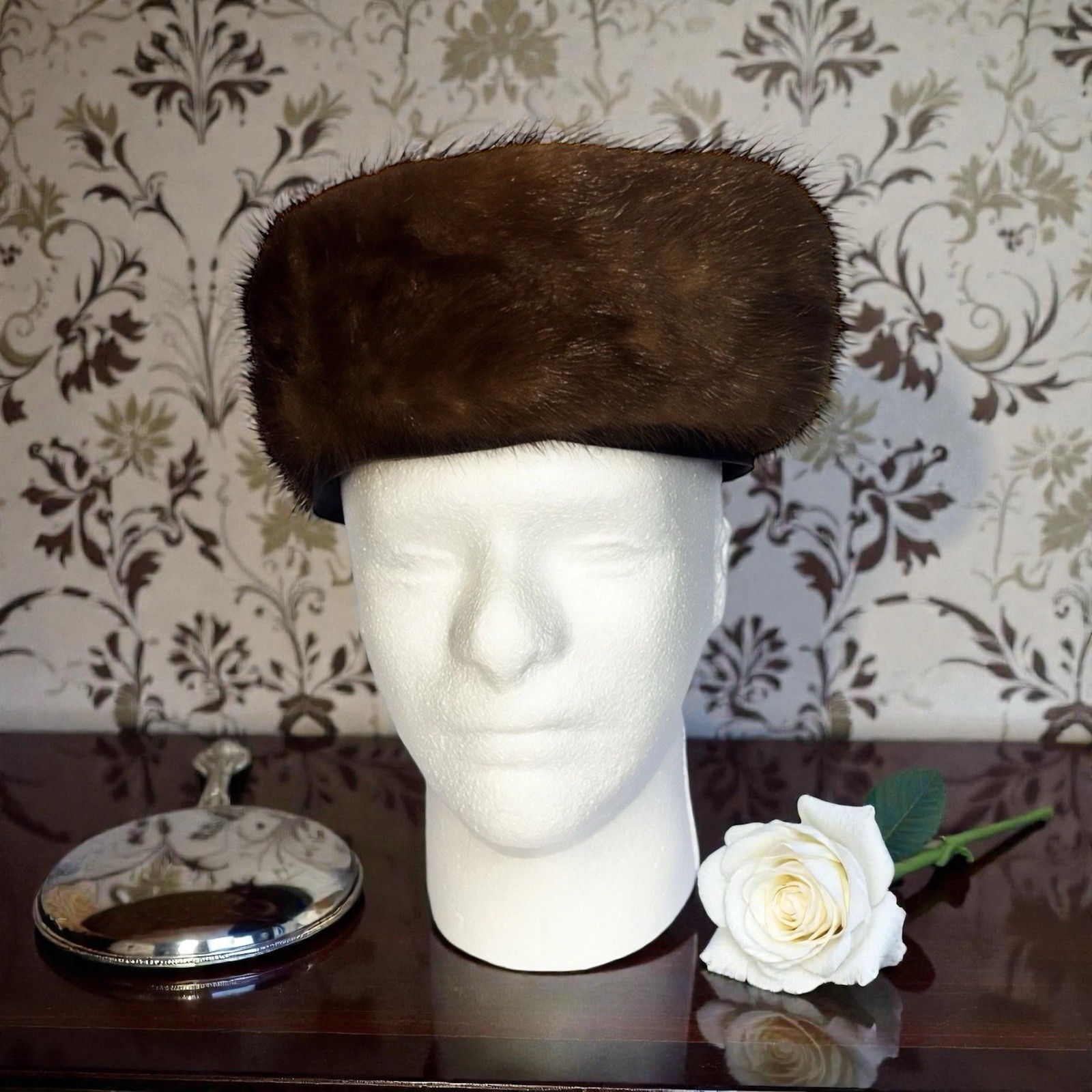 Vintage 1950s Cedar Crest Original Brown Mink Satin Pillbox Shaped Hat EUC
