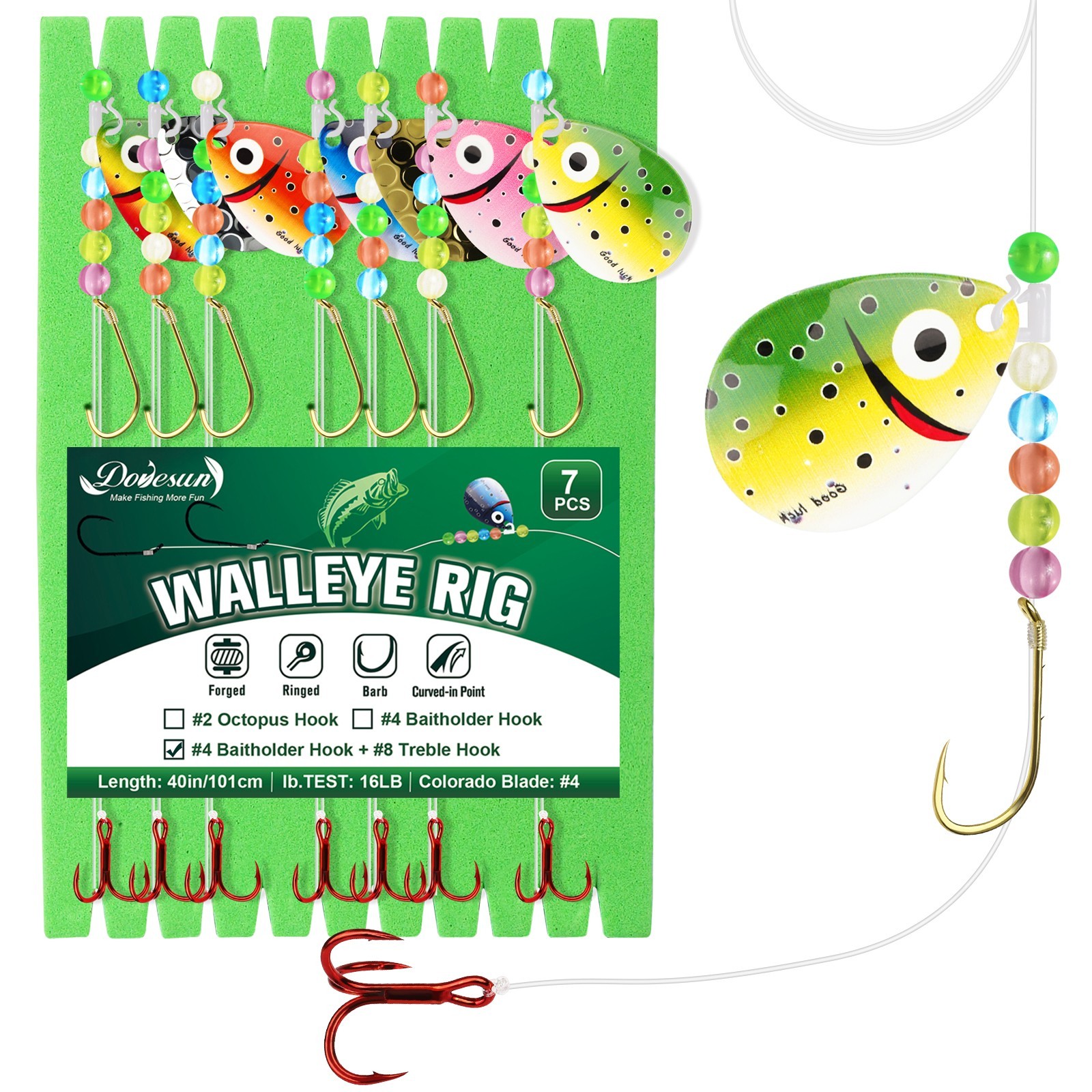 Walleye Rig with #4 Baitholder #8 Treble Hook, Spinner Rig Crawler Harness 7PCS