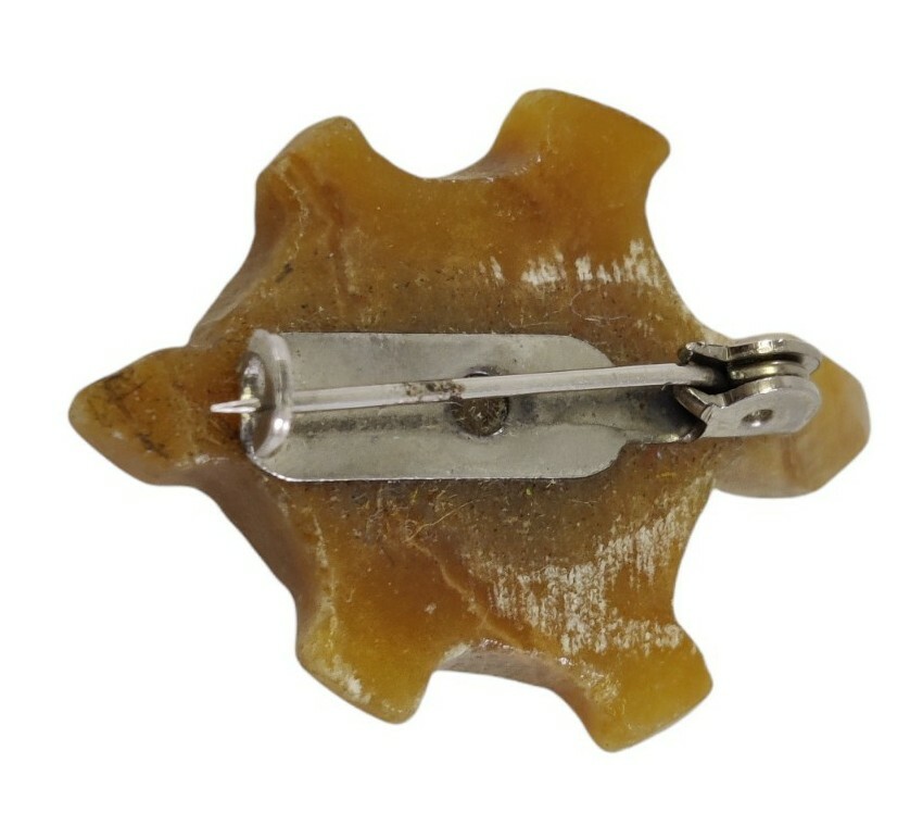 Hand Carved Stone Turtle Brooch Brown