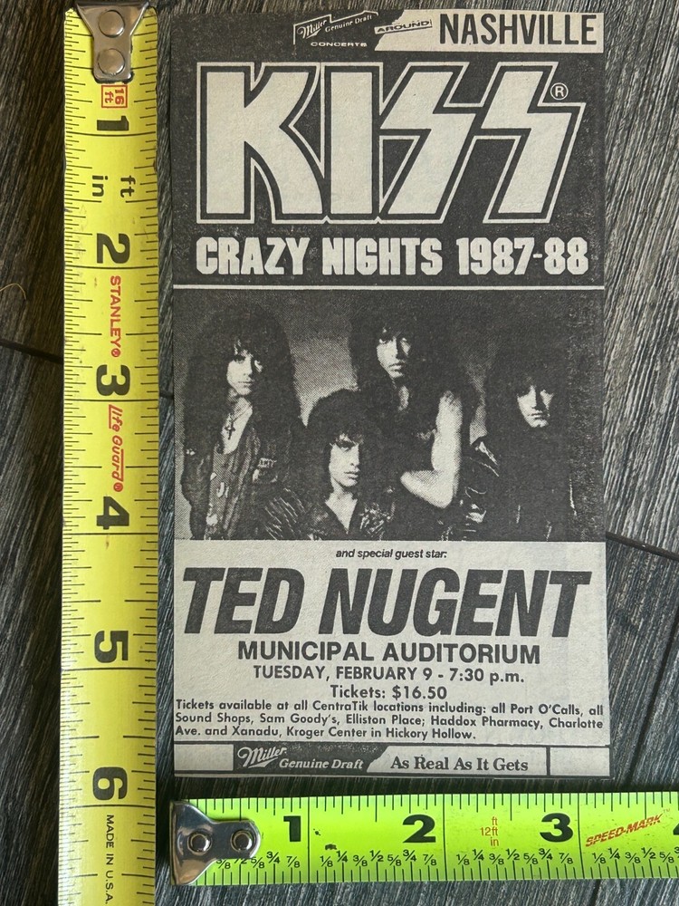 KISS Concert Ad Advert Crazy Nights Tour Nashville TN Feb 9 1988 Vintage Kiss