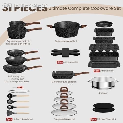 Pots and Pans Set Non Stick, 31 Piece Kitchen Induction Cookware & Bakeware