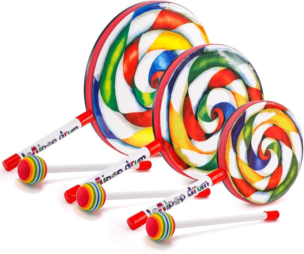 3-Piece Rainbow Lollipop Drum Set with Mallets - Fun Percussion Instruments