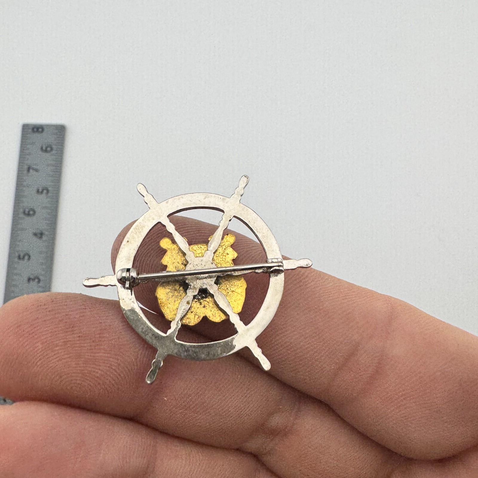 U.S. Coast Guard Auxiliary Enamel Ship Wheel Brooch Pin Silver/Gold Tone