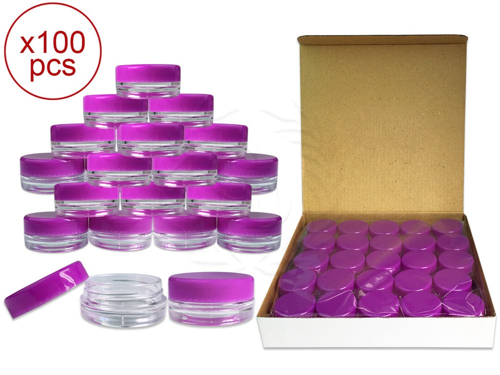 100 Pieces 3Gram/3ml Plastic Round Clear Sample Jar Containers with Purple Lids
