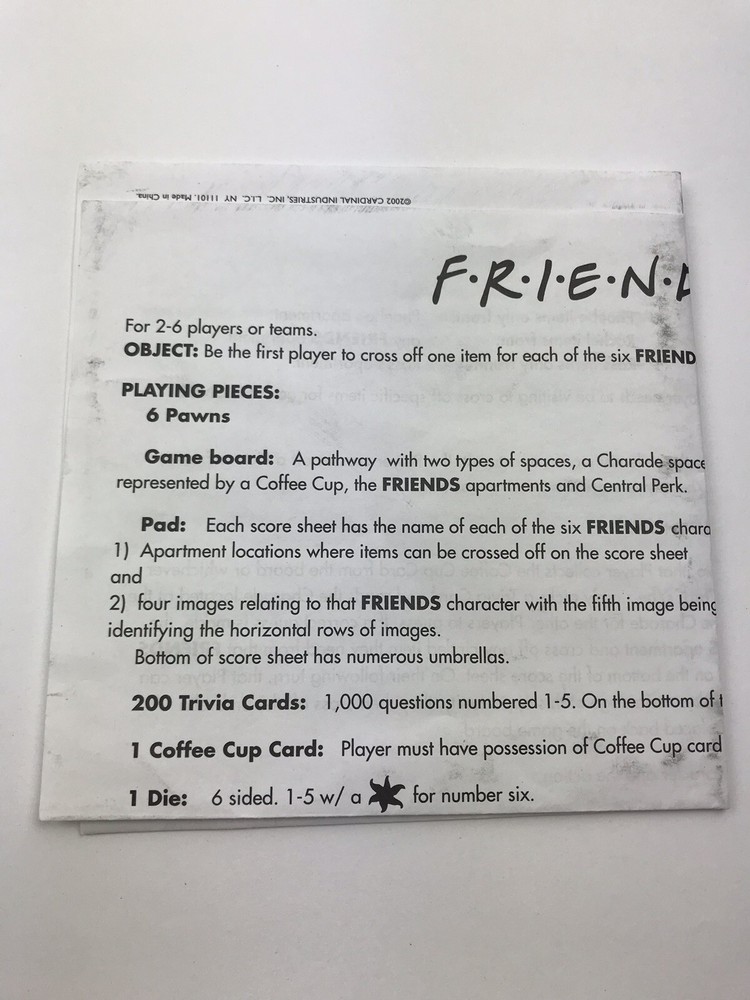 Friends Trivia 2002 Cardinal Games Replacement Part Instructions Only