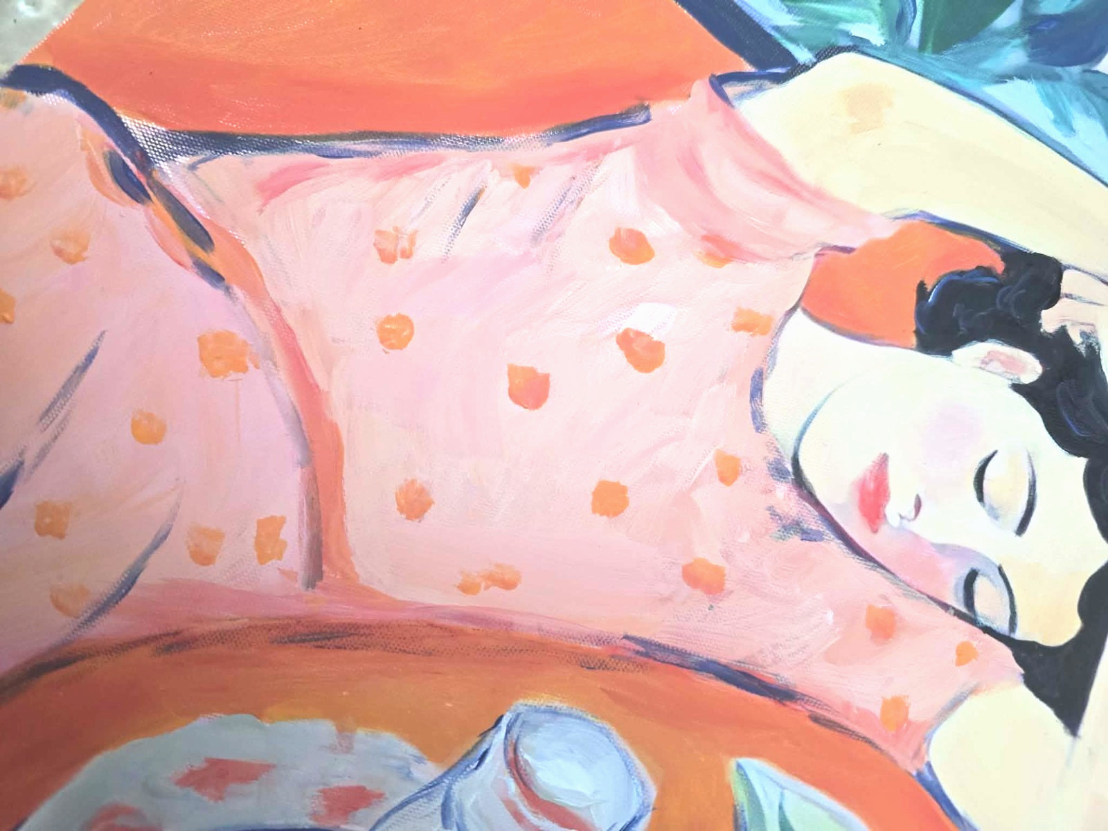 Hand Painted Acrylic on Canvas Painting "Resting on a Sofa". Signed