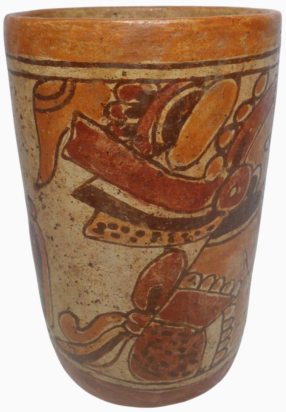 MID-CENT REPRO of PRE-COLUMBIAN HAND DEC CERAMIC CYLINDER VESSEL of SEATED DEITY