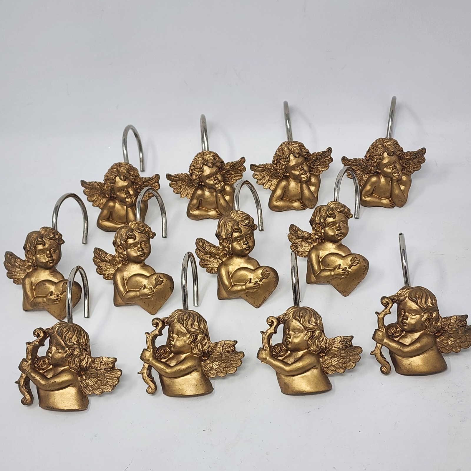 Gold Painted Angel Cherub Shower Curtain Hook Resin Stainless Set of 12