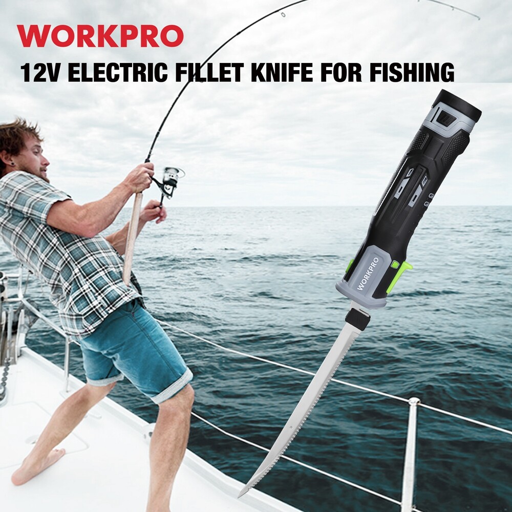WORKPRO 2PC 10" 8" 12V Electric Fillet Knife Cordless Reciprocating Razor Blades